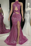 Gorgeous Halter Pink Formal Prom Dresses Sequins Sleeveless Long With Split