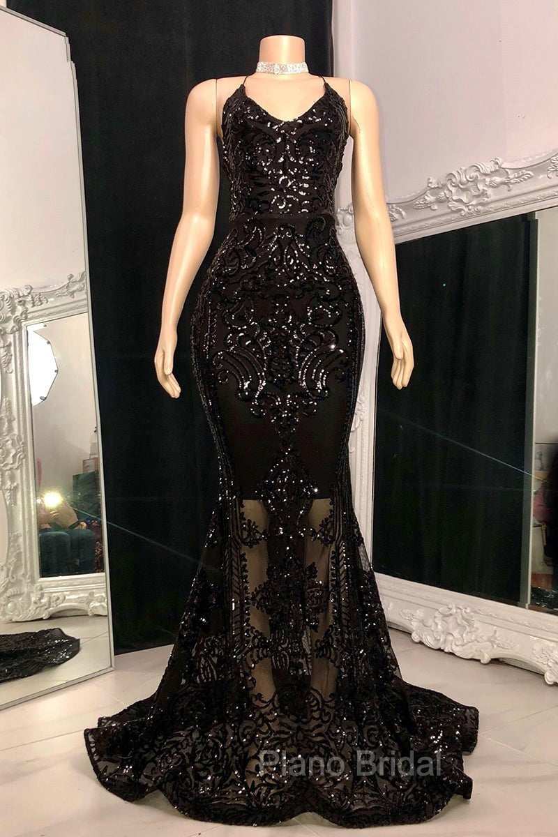 Gorgeous Halter V-Neck Sleeveless Mermaid Formal Prom Dresses Sequins Long Secondary image