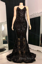 Gorgeous Halter V-Neck Sleeveless Mermaid Formal Prom Dresses Sequins Long