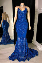 Gorgeous Halter V-Neck Sleeveless Mermaid Formal Prom Dresses Sequins Long