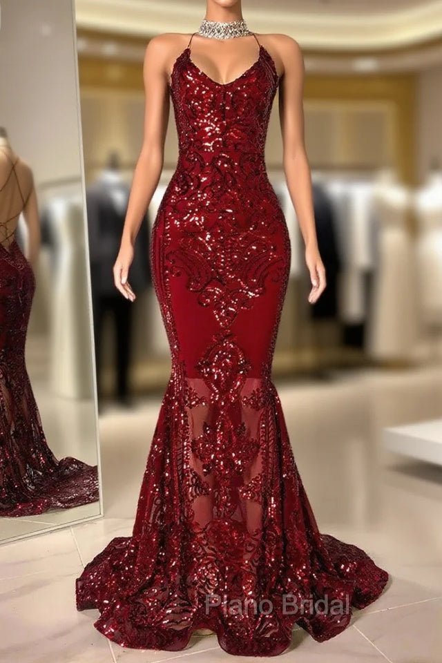 Gorgeous Halter V-Neck Sleeveless Mermaid Formal Prom Dresses Sequins Long Main image