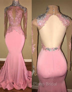 Gorgeous High-Neck Backless Pink Formal Prom Party GownsMermaid With Lace Appliques