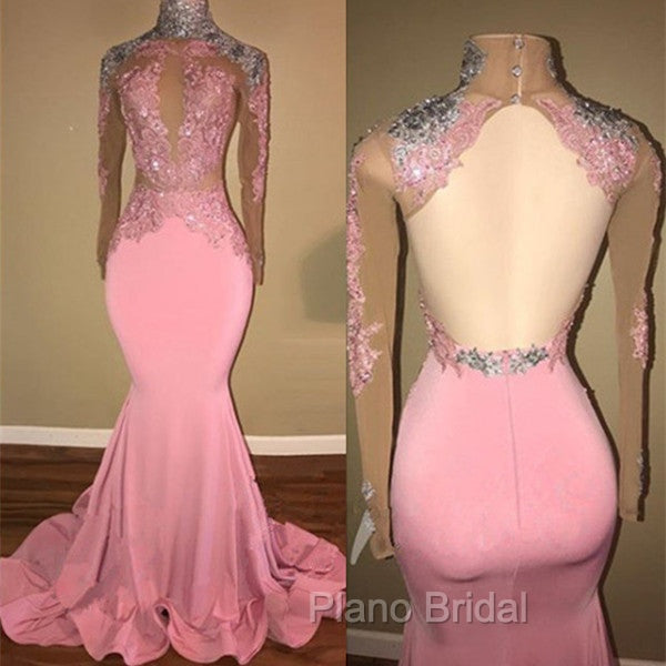 Gorgeous High-Neck Backless Pink Formal Prom Party GownsMermaid With Lace Appliques