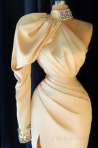 Gorgeous High Neck Long Sleeve Crystal Formal Prom Dresses Mermaid With Split