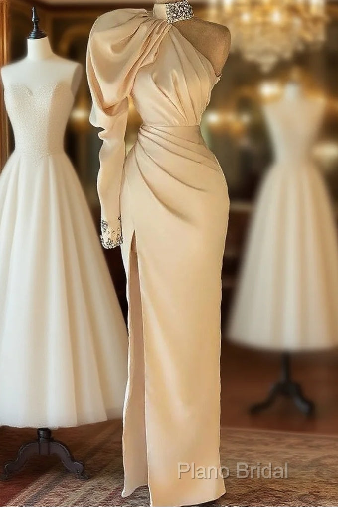 Gorgeous High Neck Long Sleeve Crystal Formal Prom Dresses Mermaid With Split Main image