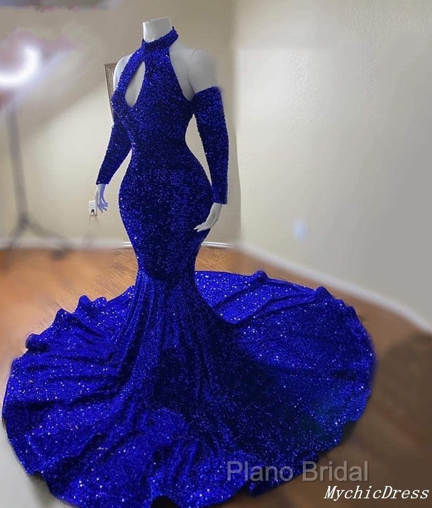 Gorgeous High Neck Long Sleeve Royal Blue Formal Prom Dresses Sequins Party Dresses