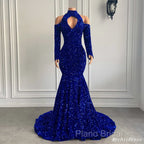 Gorgeous High Neck Long Sleeve Royal Blue Formal Prom Dresses Sequins Party Dresses
