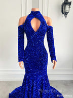 Gorgeous High Neck Long Sleeve Royal Blue Formal Prom Dresses Sequins Party Dresses