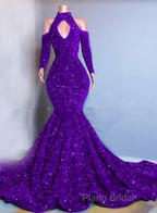 Gorgeous High Neck Long Sleeve Royal Blue Formal Prom Dresses Sequins Party Dresses