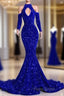 Gorgeous High Neck Long Sleeve Royal Blue Formal Prom Dresses Sequins Party Dresses
