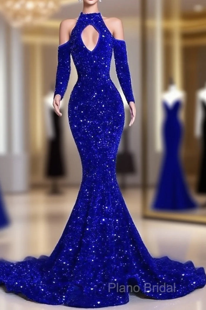 Gorgeous High Neck Long Sleeve Royal Blue Formal Prom Dresses Sequins Party Dresses Main image