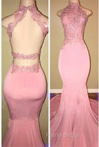 Gorgeous High Neck Pink Lace Formal Prom Party GownsMermaid Long
