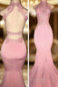 Gorgeous High Neck Pink Lace Formal Prom Party GownsMermaid Long