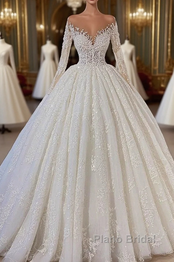 Gorgeous Lace Long Sleeve Beads Ball Gown Wedding Dress Main image