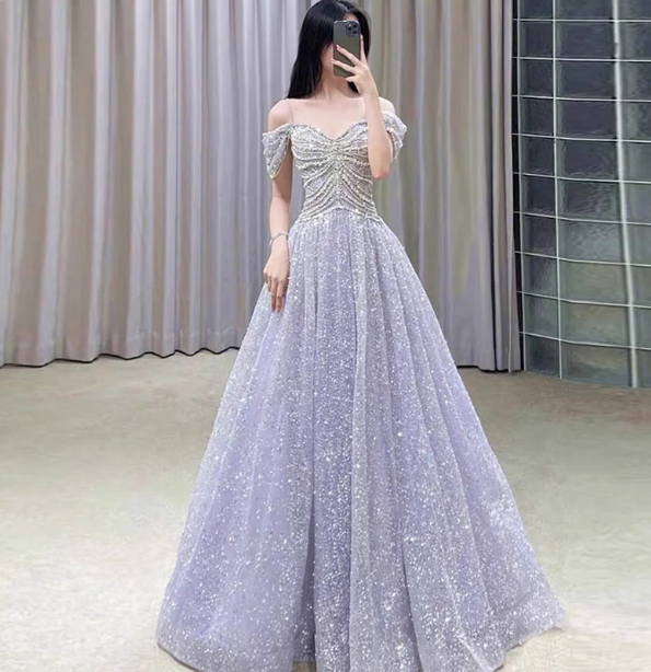 Gorgeous Lavender A-Line Off-The-Shoulder Rhinestone Embellished Sequined Sheer Tulle Long Formal Prom Dresses