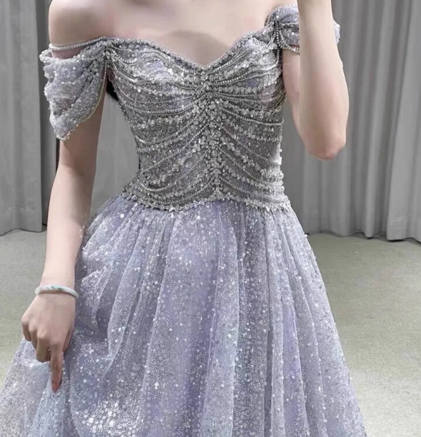 Gorgeous Lavender A-Line Off-The-Shoulder Rhinestone Embellished Sequined Sheer Tulle Long Formal Prom Dresses