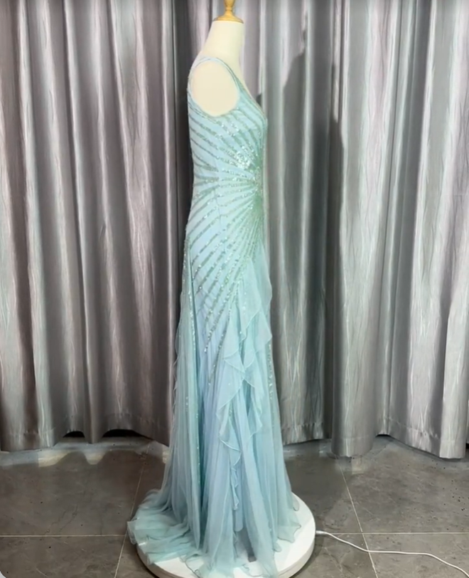 Gorgeous Light Blue V-Neck Ruffled Sequined Chiffon Long Formal Prom Dresses