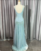 Gorgeous Light Blue V-Neck Ruffled Sequined Chiffon Long Formal Prom Dresses
