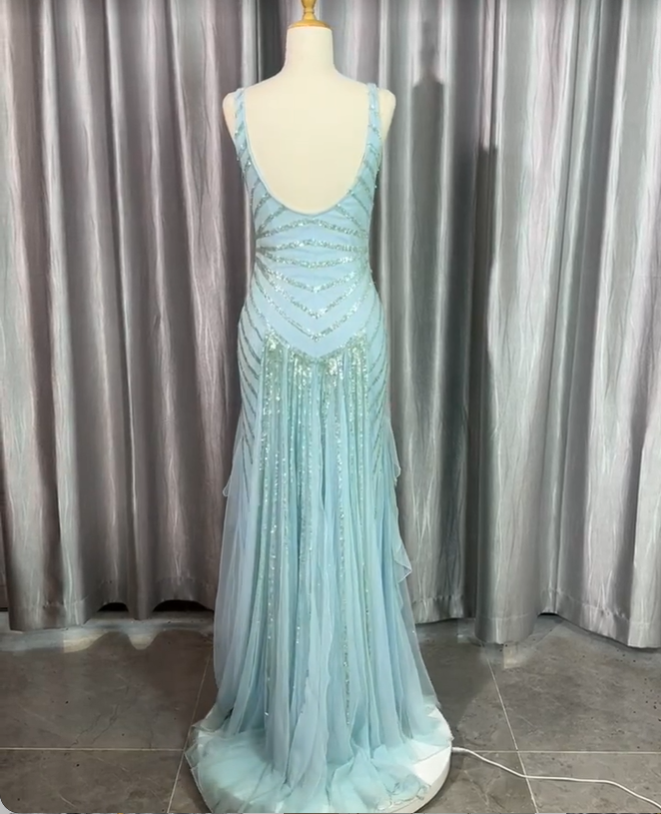Gorgeous Light Blue V-Neck Ruffled Sequined Chiffon Long Formal Prom Dresses