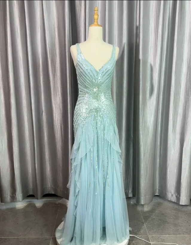 Gorgeous Light Blue V-Neck Ruffled Sequined Chiffon Long Formal Prom Dresses