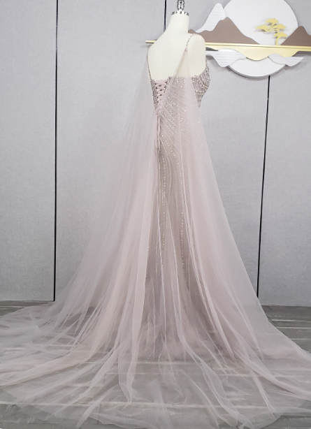 Gorgeous Light Lilac Spaghetti Strap Square Neck Rhinestone Tulle Train Formal Prom Dresses Secondary image