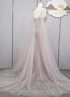 Gorgeous Light Lilac Spaghetti Strap Square Neck Rhinestone Tulle Train Formal Prom Dresses