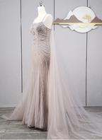 Gorgeous Light Lilac Spaghetti Strap Square Neck Rhinestone Tulle Train Formal Prom Dresses