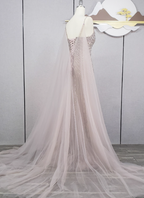 Gorgeous Light Lilac Spaghetti Strap Square Neck Rhinestone Tulle Train Formal Prom Dresses