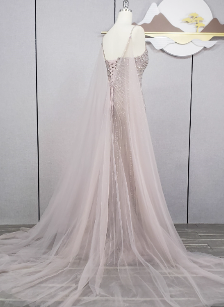 Gorgeous Light Lilac Spaghetti Strap Square Neck Rhinestone Tulle Train Formal Prom Dresses
