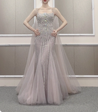 Gorgeous Light Lilac Spaghetti Strap Square Neck Rhinestone Tulle Train Formal Prom Dresses