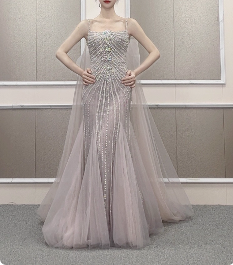 Gorgeous Light Lilac Spaghetti Strap Square Neck Rhinestone Tulle Train Formal Prom Dresses