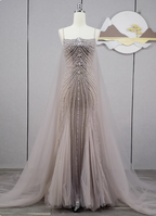 Gorgeous Light Lilac Spaghetti Strap Square Neck Rhinestone Tulle Train Formal Prom Dresses