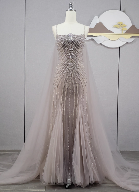 Gorgeous Light Lilac Spaghetti Strap Square Neck Rhinestone Tulle Train Formal Prom Dresses