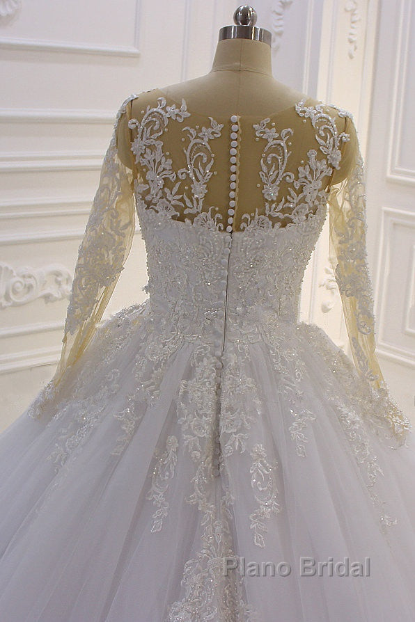 Gorgeous Long A-Line Bateau Pearl Tulle Appliques Lace Wedding Dress with Sleeves
