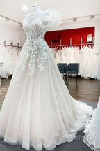 Gorgeous Long A-line Off-the-shoulder Tulle Lace Ruffles Wedding Dress
