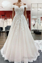 Gorgeous Long A-line Off-the-shoulder Tulle Lace Ruffles Wedding Dress