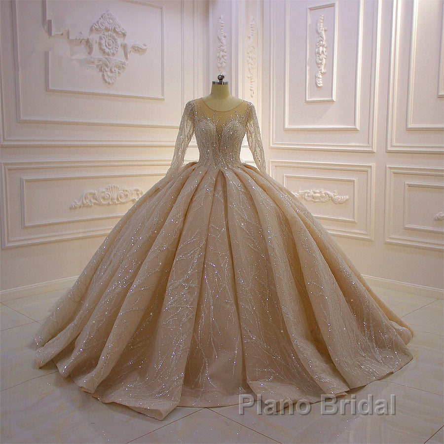 Gorgeous Long Ball Gown Bateau Crystal Wedding Dress with Sleeves Secondary image