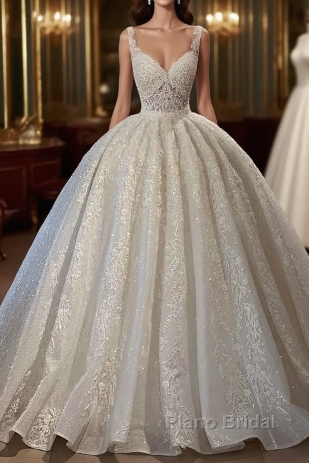 Gorgeous Long Ball Gown Sweetheart Sleeveless Lace Wedding Dress with Ruffles Main image