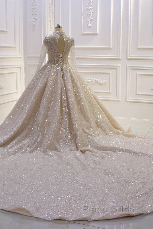 Gorgeous Long High neck Sequin Satin Ball Gown Wedding Dress with Sleeves Secondary image
