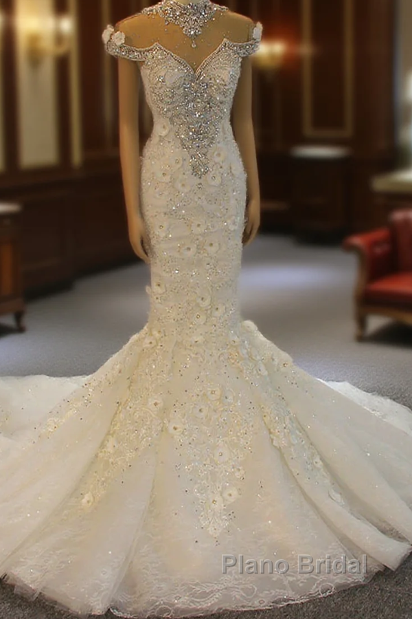 Gorgeous Long Mermaid High Neck Appliques Lace Crystal Tulle Wedding Dress Main image