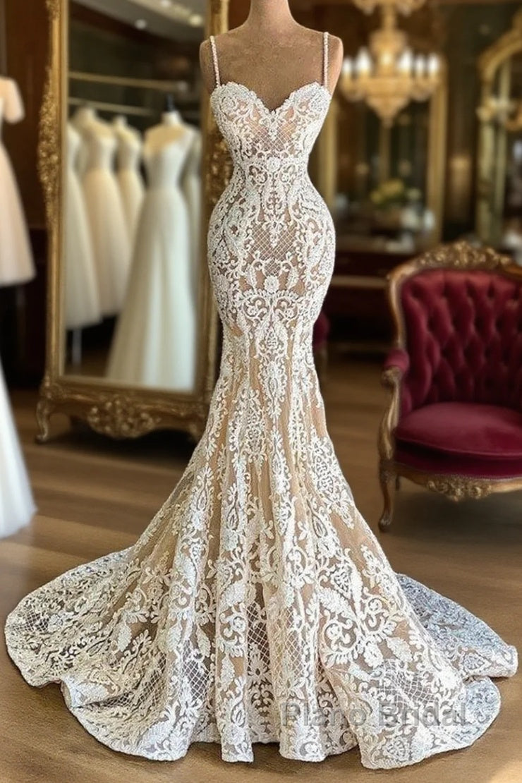 Gorgeous Long Mermaid Sweetheart Spaghetti-straps Lace Wedding Dresses Main image