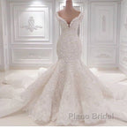 Gorgeous Long Mermaid V-neck Appliques Lace Ruffles Wedding Dress