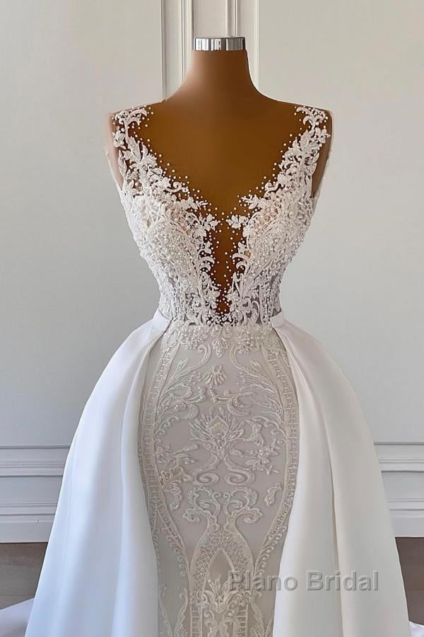 Gorgeous Long Mermaid V-neck Lace Wedding Dresses with Satin Detachable Train Secondary image