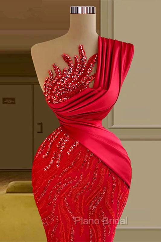 Gorgeous Long Red Mermaid One Shoulder Lace Sequined Sleeveless Formal Prom Dresses Secondary image