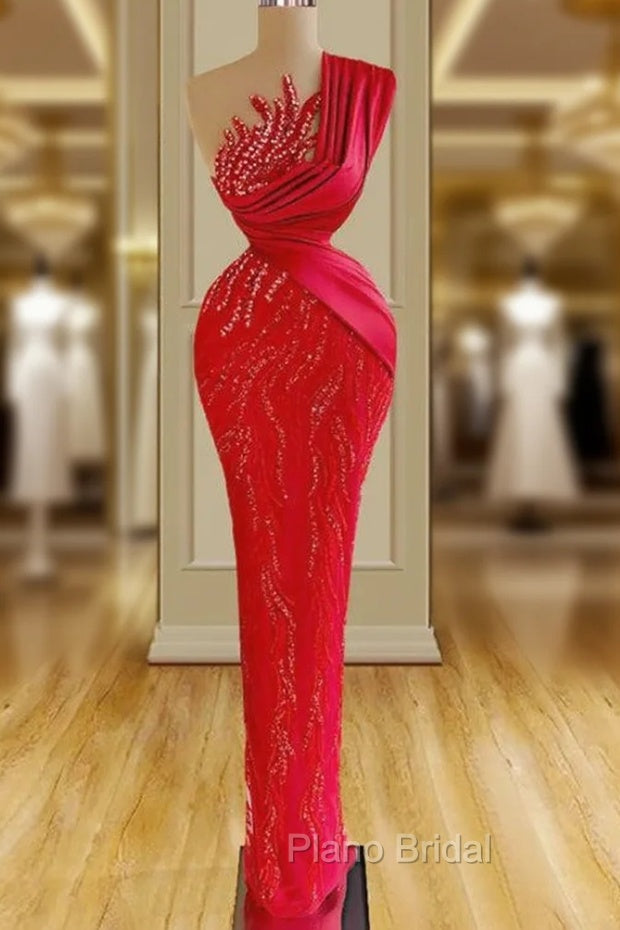 Gorgeous Long Red Mermaid One Shoulder Lace Sequined Sleeveless Formal Prom Dresses Main image