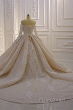Gorgeous Long Sleeve Off the Shoulder Appliques Lace Ball Gown Wedding Dress