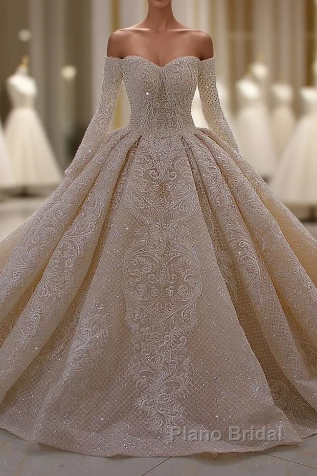 Gorgeous Long Sleeve Off the Shoulder Appliques Lace Ball Gown Wedding Dress