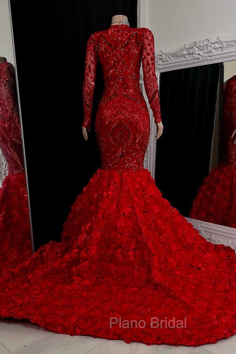 Gorgeous Long Sleeves Sequins Formal Prom Dresses Mermaid V-Neck With Flowers Bottom
