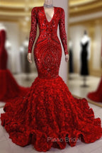 Gorgeous Long Sleeves Sequins Formal Prom Dresses Mermaid V-Neck With Flowers Bottom