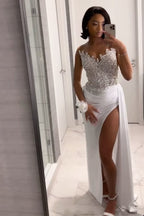 Gorgeous Long White A-Line Formal Prom Dresses With Slit